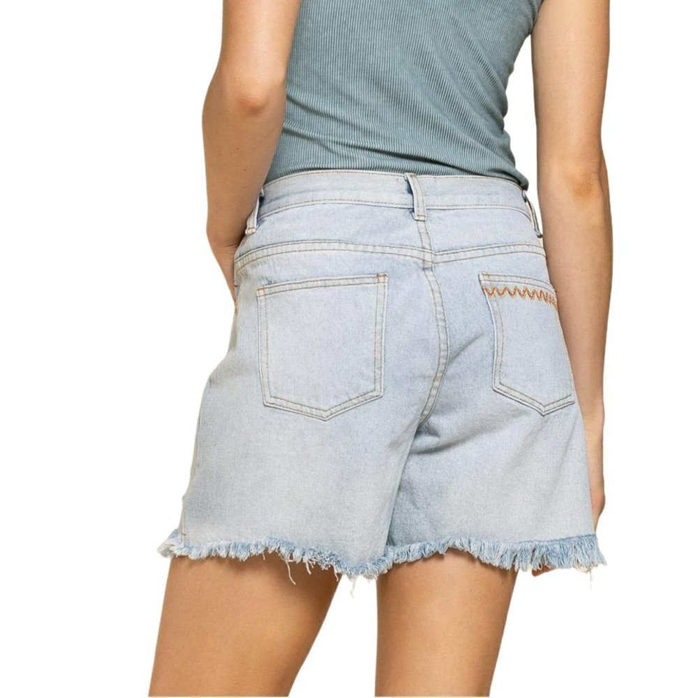 NWT POL High Rise Embroidered Distressed Fringed Rae Hem Denim Shorts - Picture 8 of 10